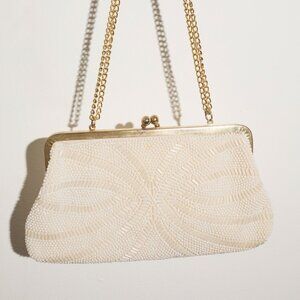 Vintage White Hand Beaded Evening Bag with Gold Clasp and Shoulder Chain